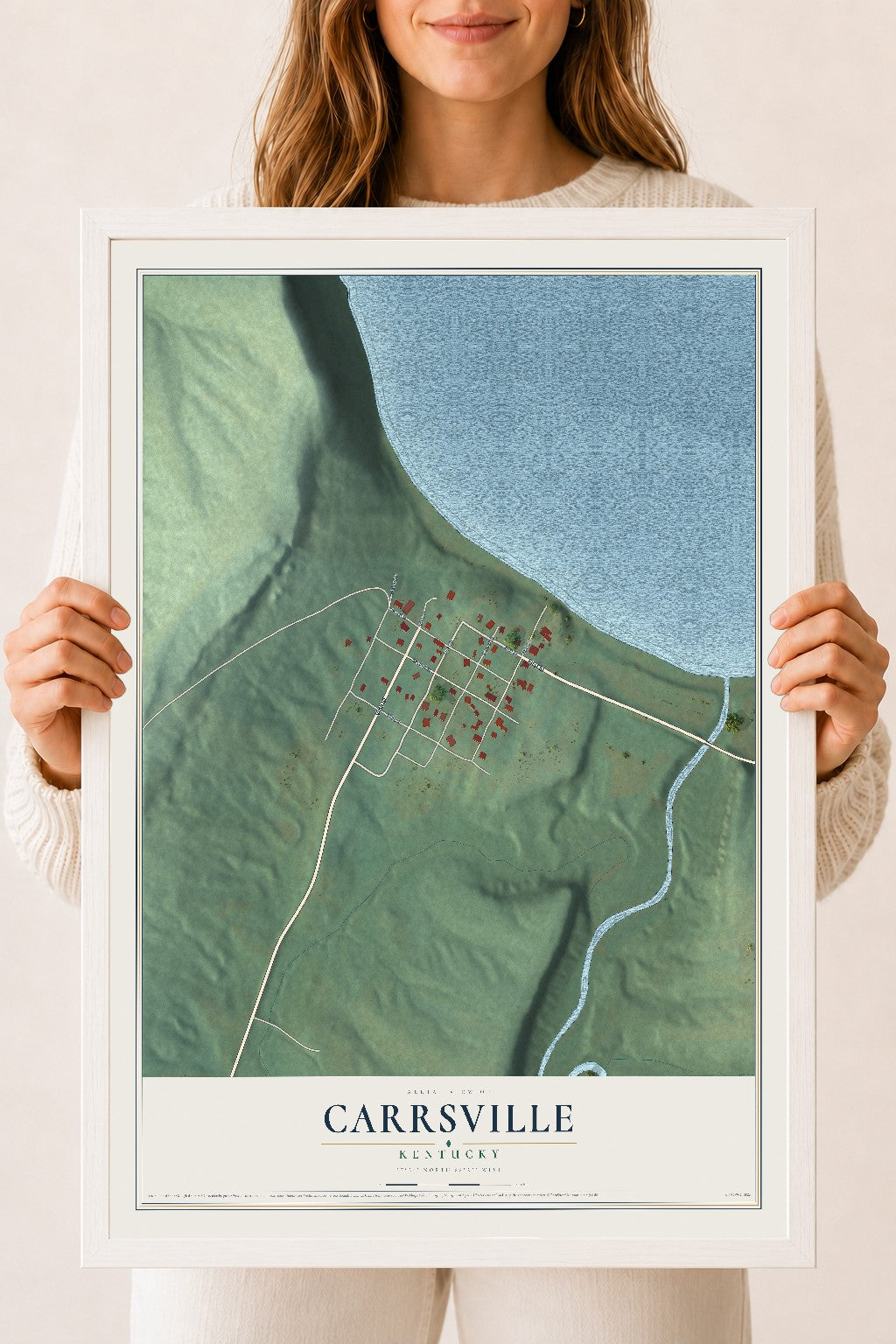 Map of Carrsville, Kentucky, 18 x 24 inch print in a white wood frame