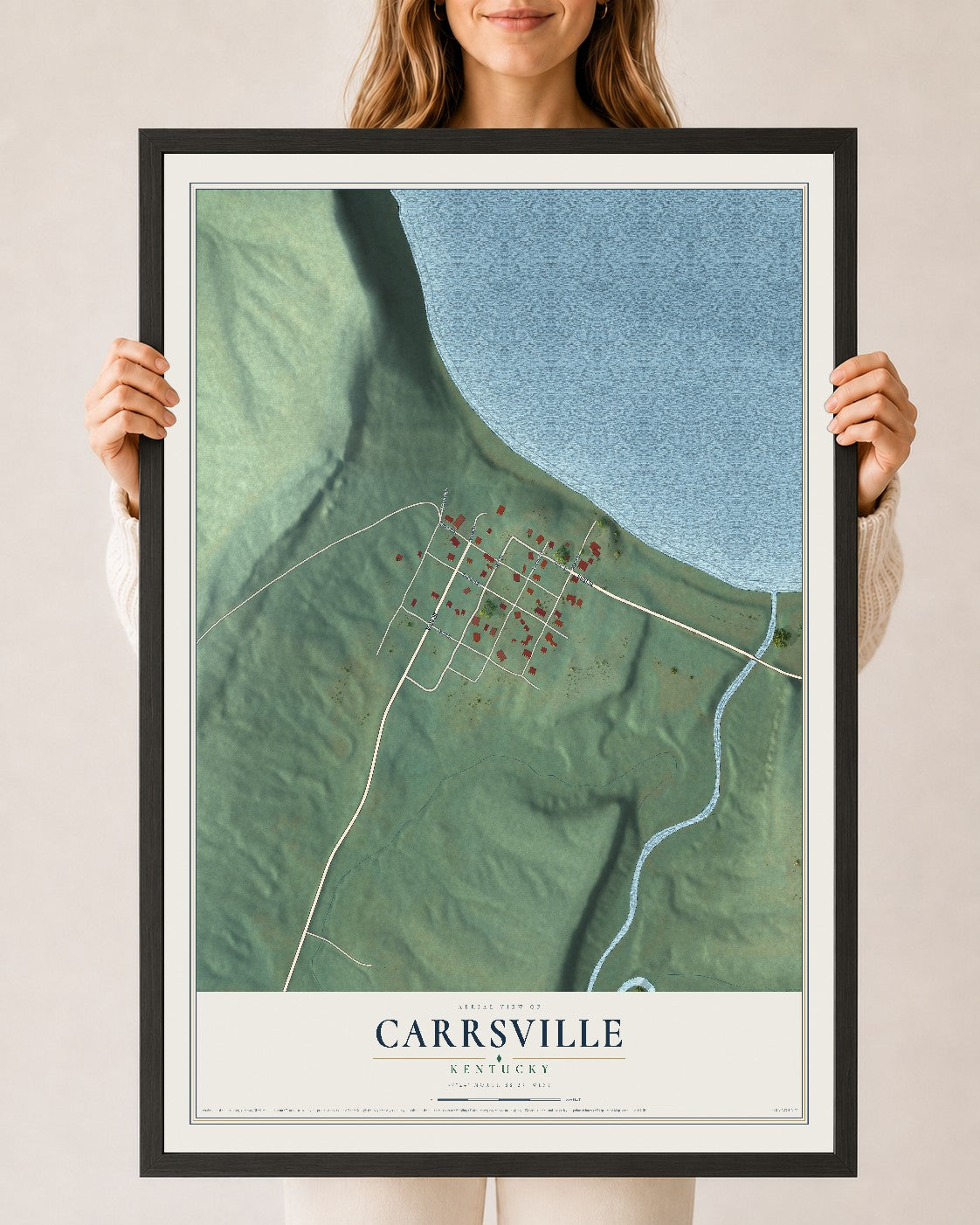 Map of Carrsville, Kentucky, 24 x 36 inch print in a black wood frame