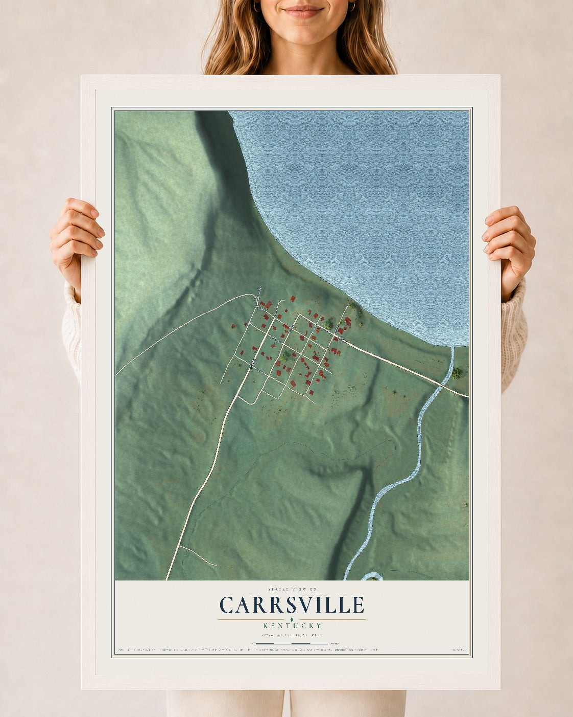 Map of Carrsville, Kentucky, 24 x 36 inch print in a white wood frame