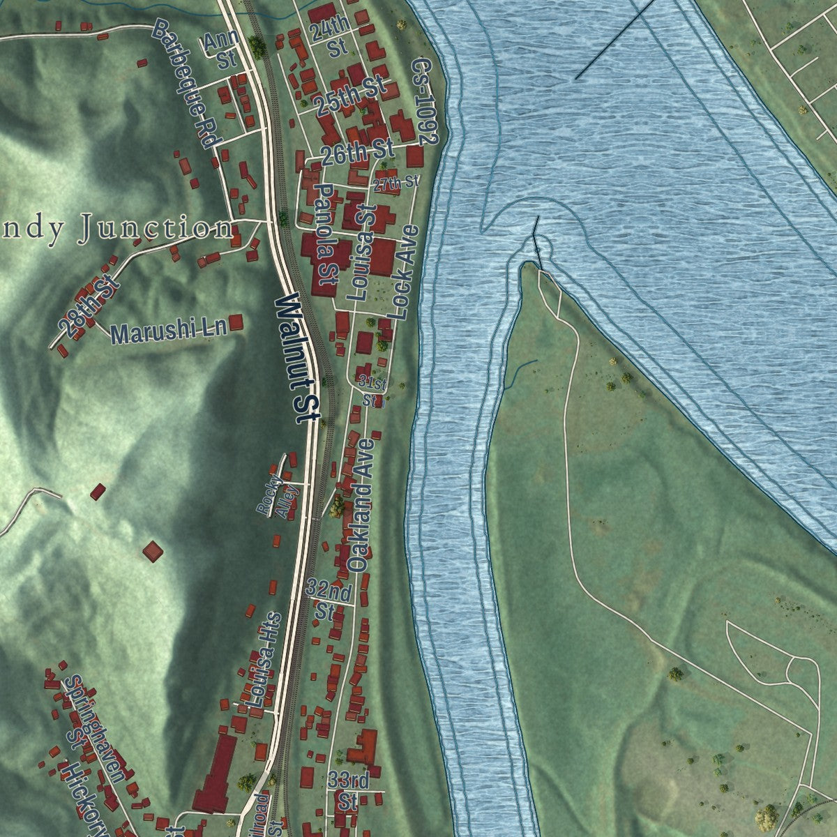 Close-up of the map of Catlettsburg, Kentucky print showing street and building detail