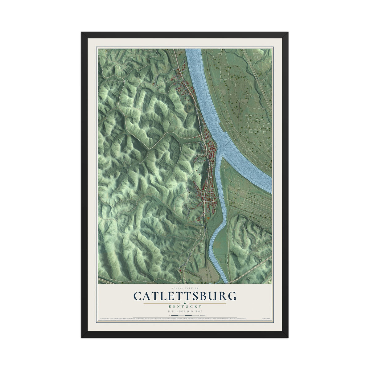 Map of Catlettsburg, Kentucky, 12 x 18 inch print in a black wood frame