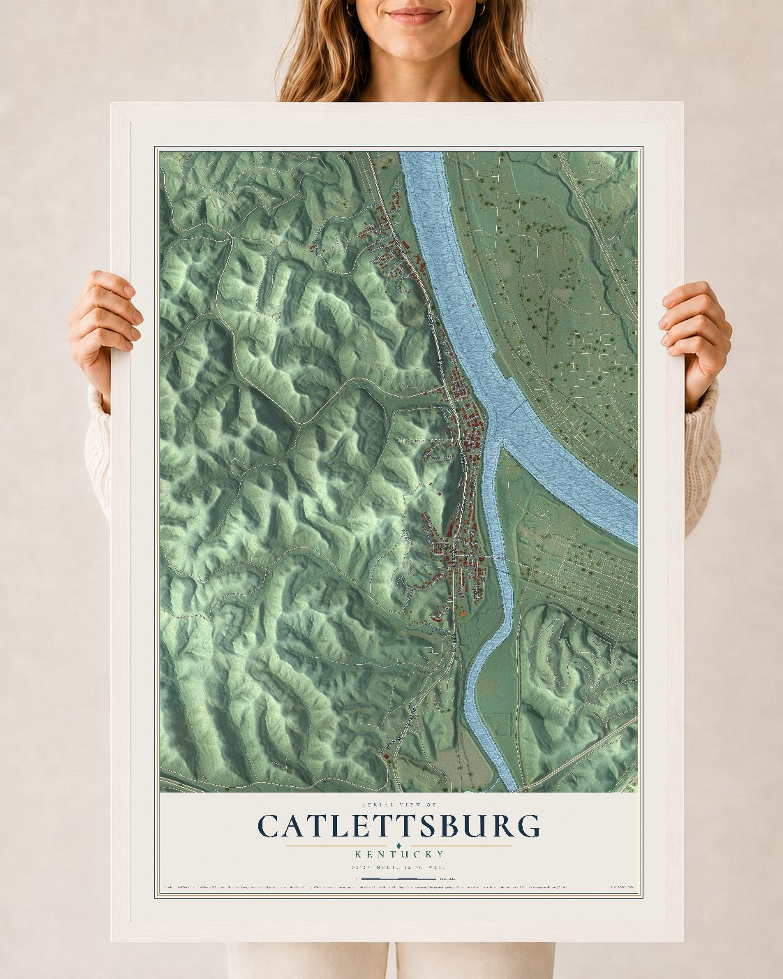 Map of Catlettsburg, Kentucky, 24 x 36 inch print in a white wood frame
