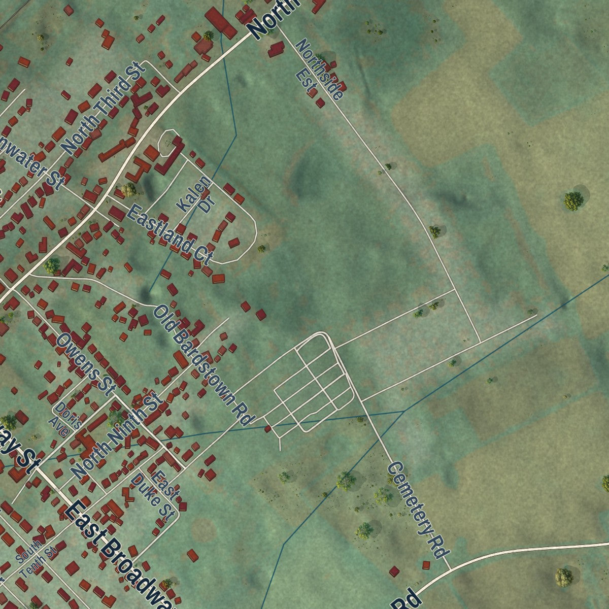 Second close-up of the map of Cave City, Kentucky print showing more streets and buildings