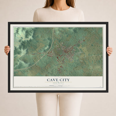 Map of Cave City, Kentucky, 24 x 36 inch print in a black wood frame