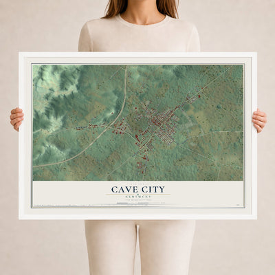 Map of Cave City, Kentucky, 24 x 36 inch print in a white wood frame