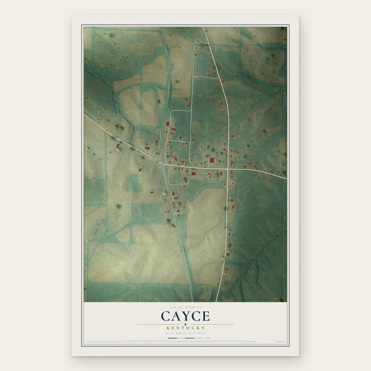 Cayce, Kentucky map print, the full design