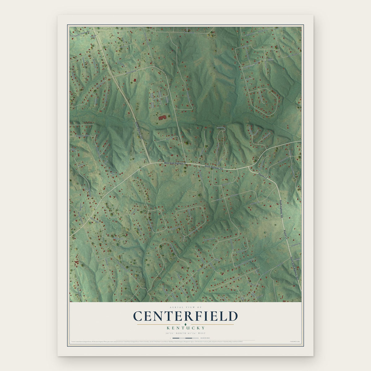 Centerfield, Kentucky map print, the full design