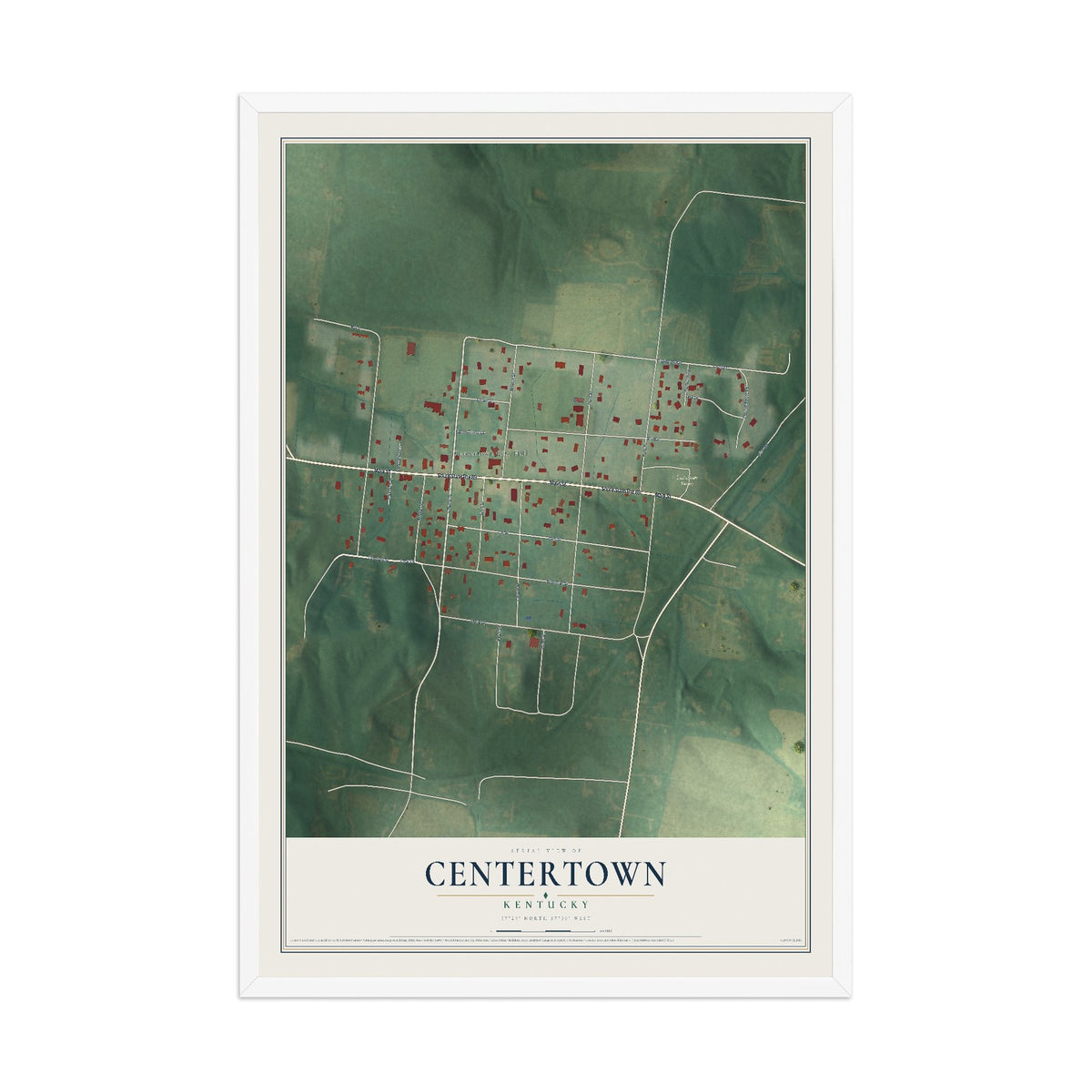 Map of Centertown, Kentucky, 12 x 18 inch print in a white wood frame