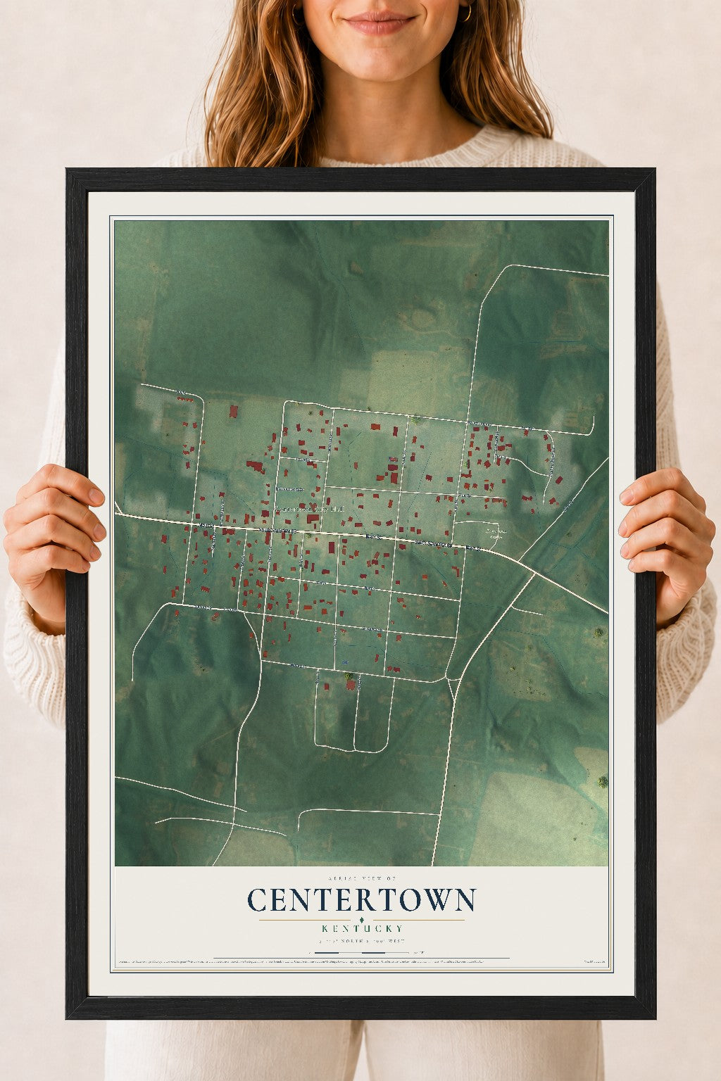 Map of Centertown, Kentucky, 18 x 24 inch print in a black wood frame