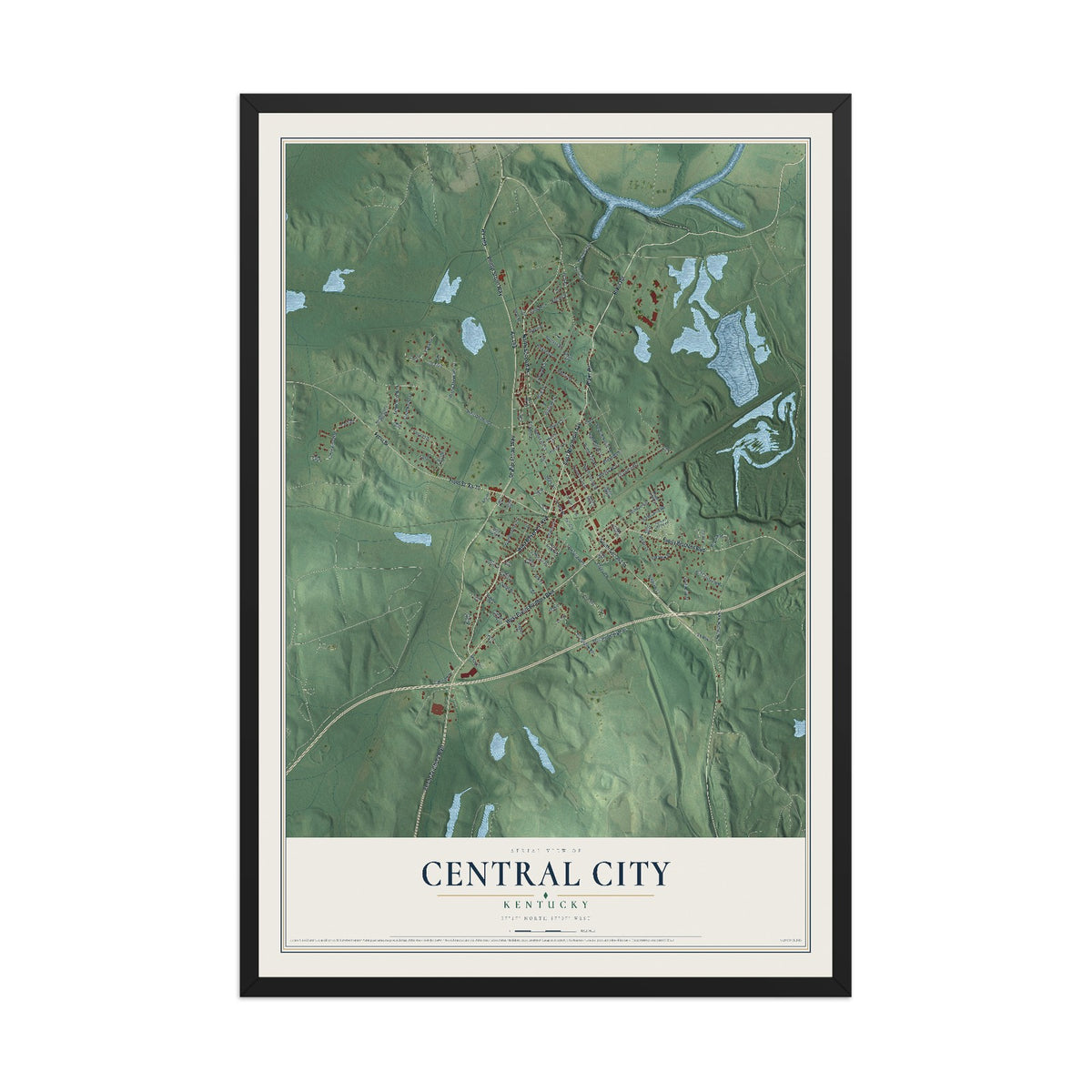 Map of Central City, Kentucky, 12 x 18 inch print in a black wood frame