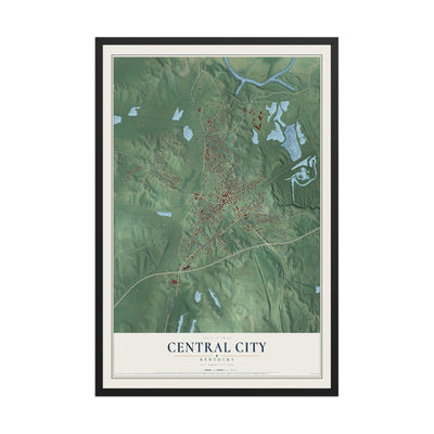 Map of Central City, Kentucky, 12 x 18 inch print in a black wood frame