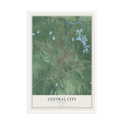 Map of Central City, Kentucky, 12 x 18 inch print in a white wood frame