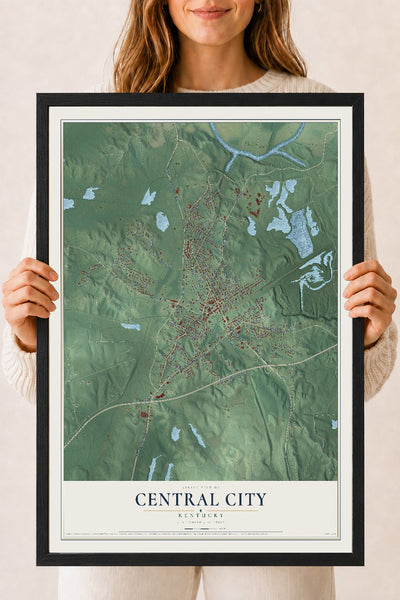 Map of Central City, Kentucky, 18 x 24 inch print in a black wood frame