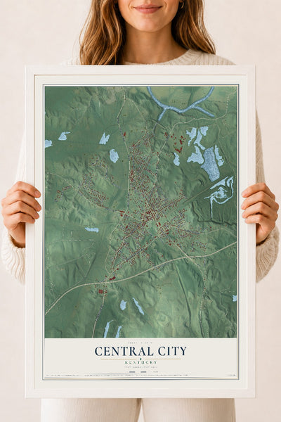 Map of Central City, Kentucky, 18 x 24 inch print in a white wood frame