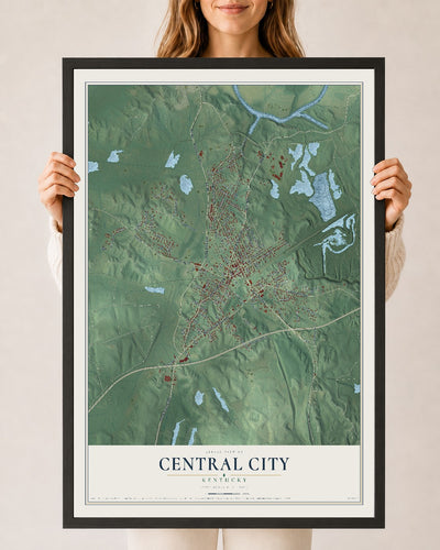 Map of Central City, Kentucky, 24 x 36 inch print in a black wood frame