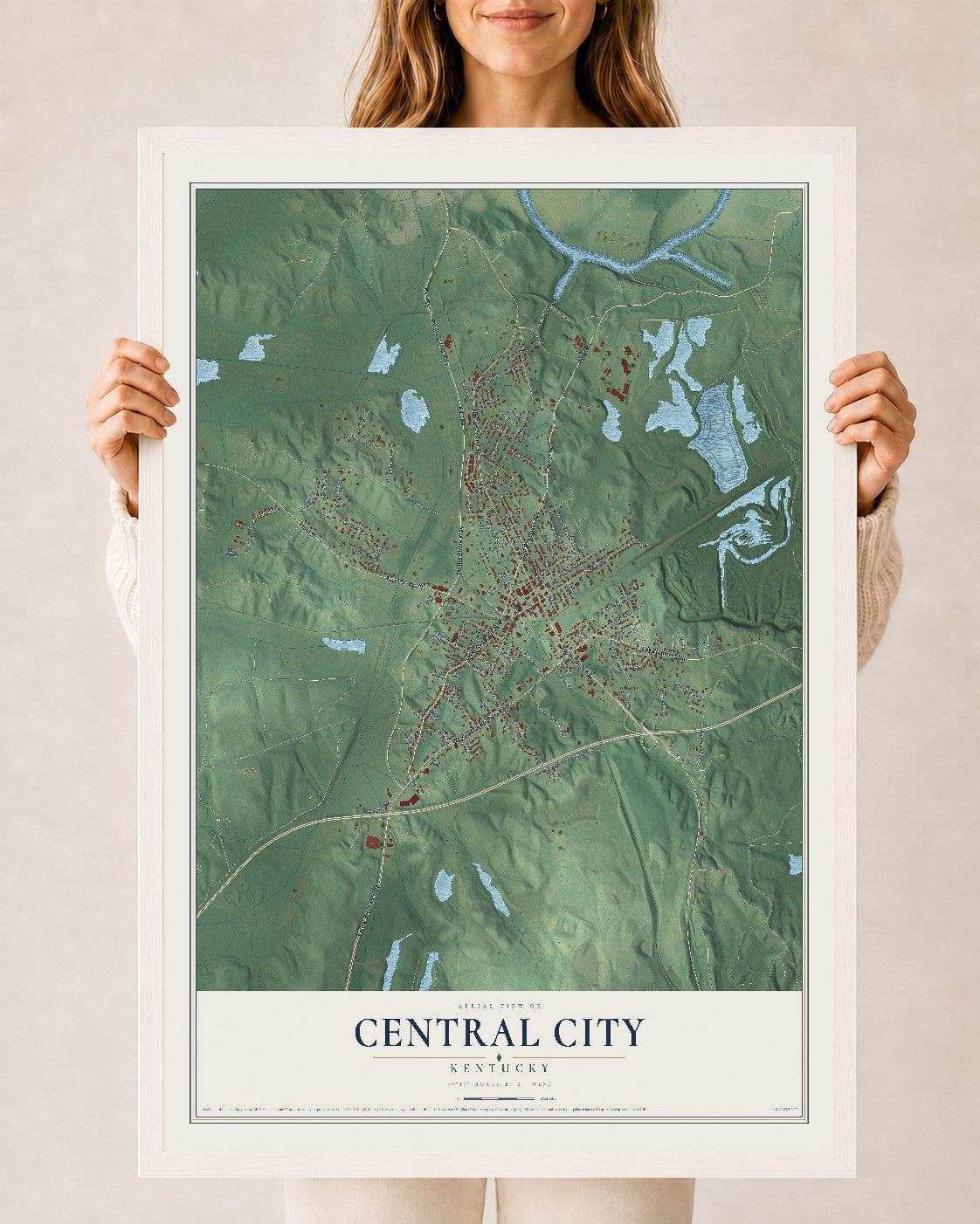Map of Central City, Kentucky, 24 x 36 inch print in a white wood frame