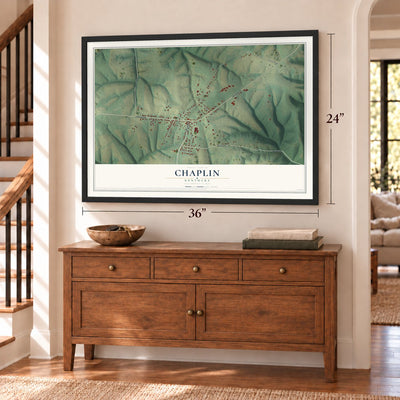 Chaplin, Kentucky map, 24 x 36 inch print in a black frame above a dresser by a staircase