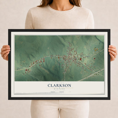 Map of Clarkson, Kentucky, 12 x 18 inch print in a black wood frame