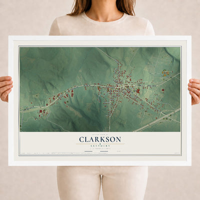 Map of Clarkson, Kentucky, 18 x 24 inch print in a white wood frame