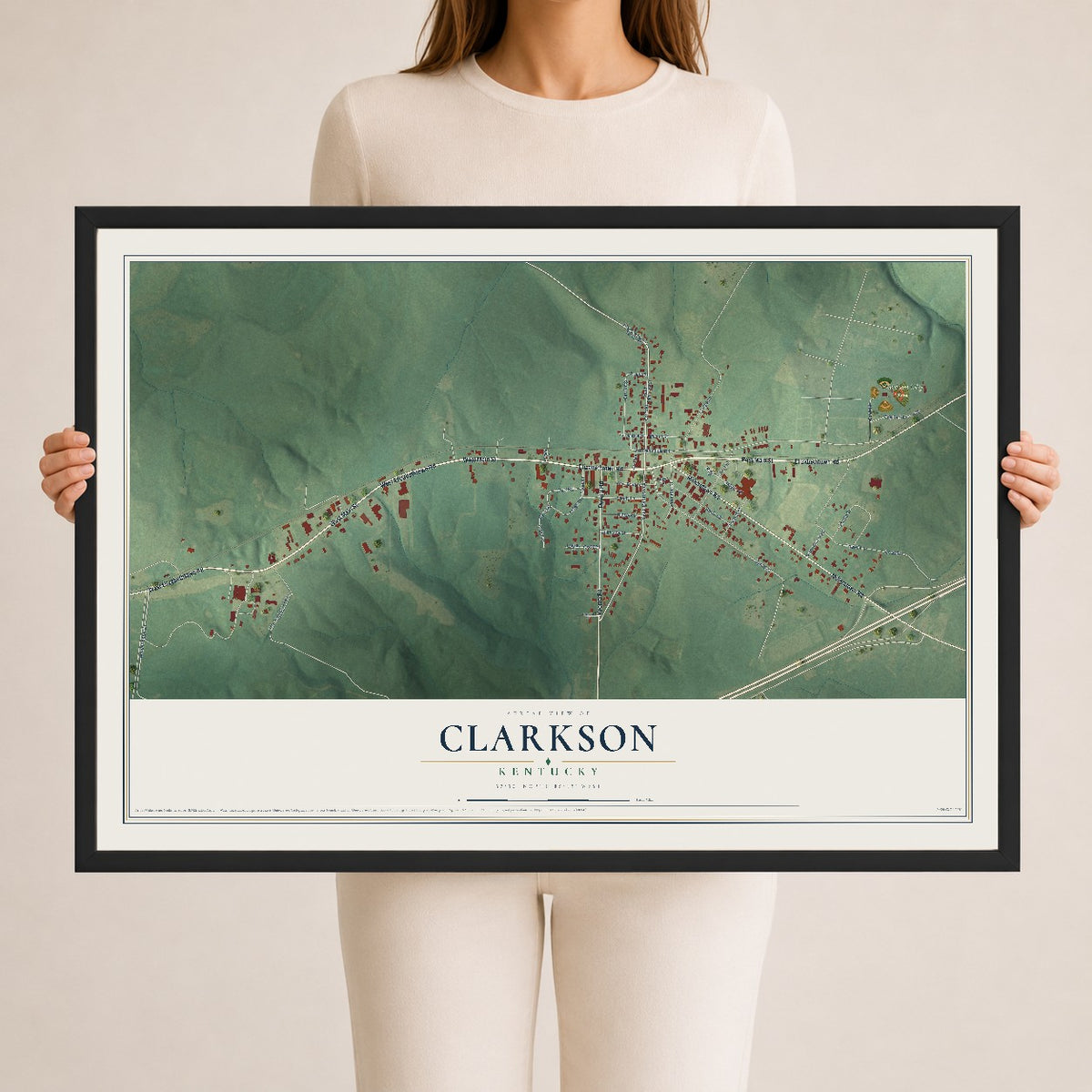Map of Clarkson, Kentucky, 24 x 36 inch print in a black wood frame