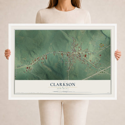 Map of Clarkson, Kentucky, 24 x 36 inch print in a white wood frame