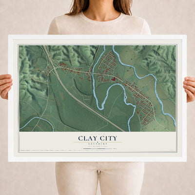 Map of Clay City, Kentucky, 18 x 24 inch print in a white wood frame