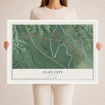 Map of Clay City, Kentucky, 24 x 36 inch print in a white wood frame