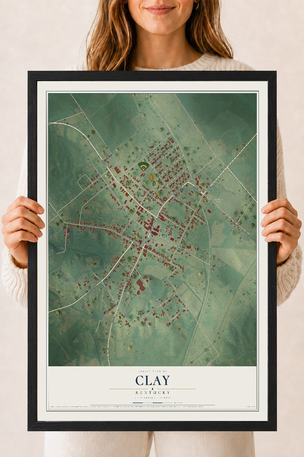Map of Clay, Kentucky, 18 x 24 inch print in a black wood frame