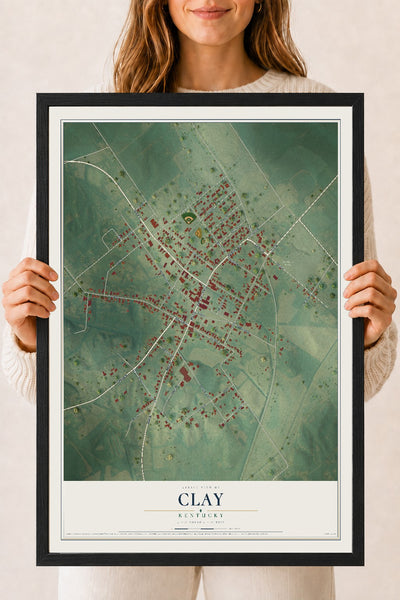 Map of Clay, Kentucky, 18 x 24 inch print in a black wood frame