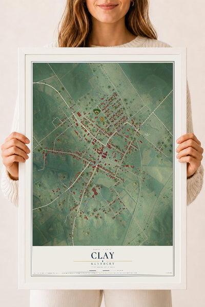 Map of Clay, Kentucky, 18 x 24 inch print in a white wood frame