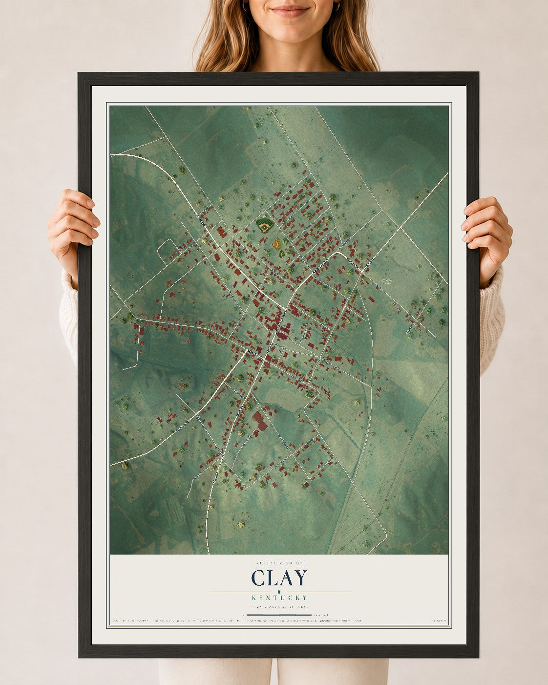 Map of Clay, Kentucky, 24 x 36 inch print in a black wood frame