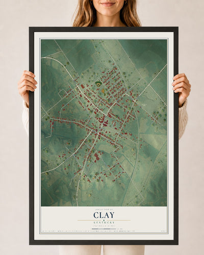 Map of Clay, Kentucky, 24 x 36 inch print in a black wood frame