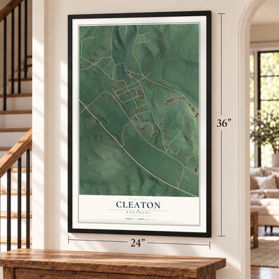 Cleaton, Kentucky map, 24 x 36 inch print in a black frame by a staircase
