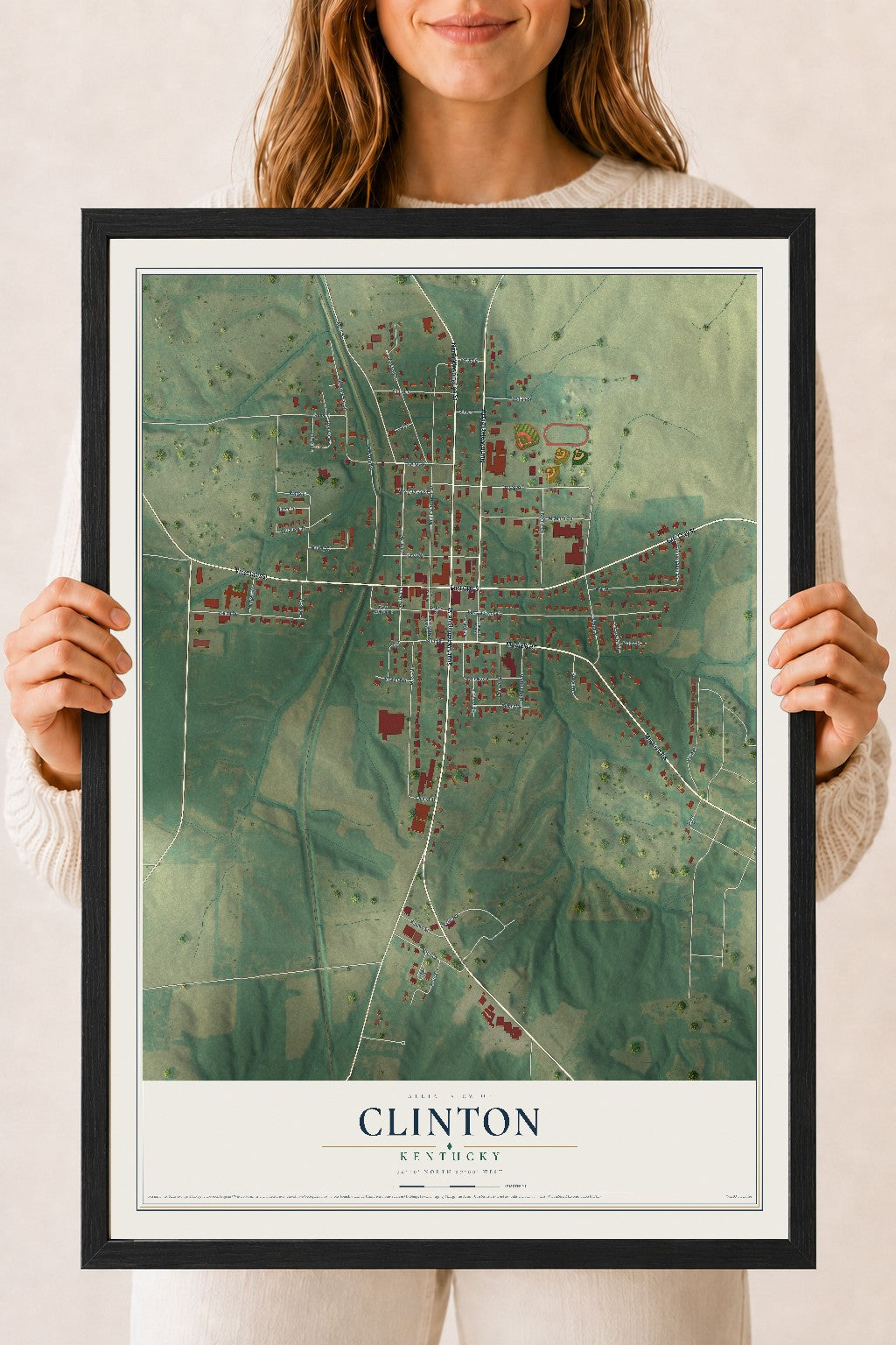 Map of Clinton, Kentucky, 18 x 24 inch print in a black wood frame