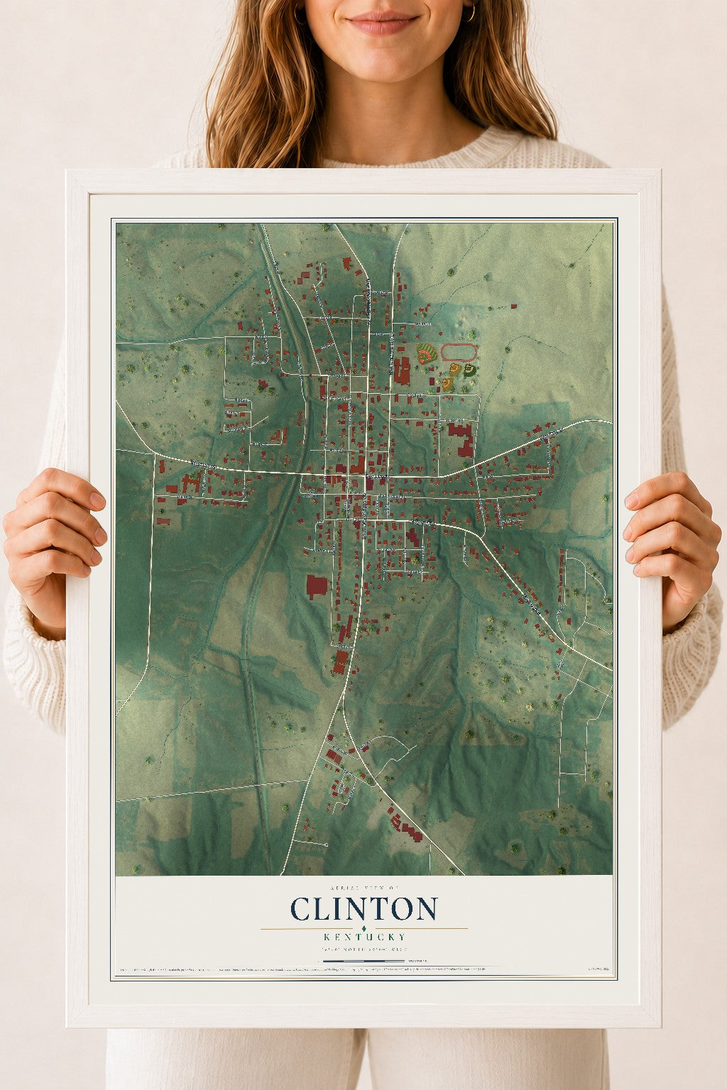 Map of Clinton, Kentucky, 18 x 24 inch print in a white wood frame