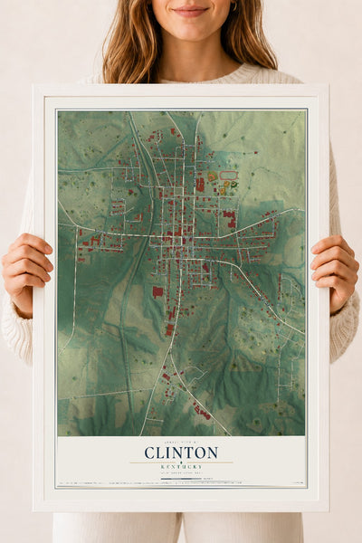 Map of Clinton, Kentucky, 18 x 24 inch print in a white wood frame