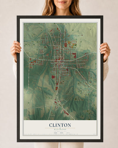 Map of Clinton, Kentucky, 24 x 36 inch print in a black wood frame