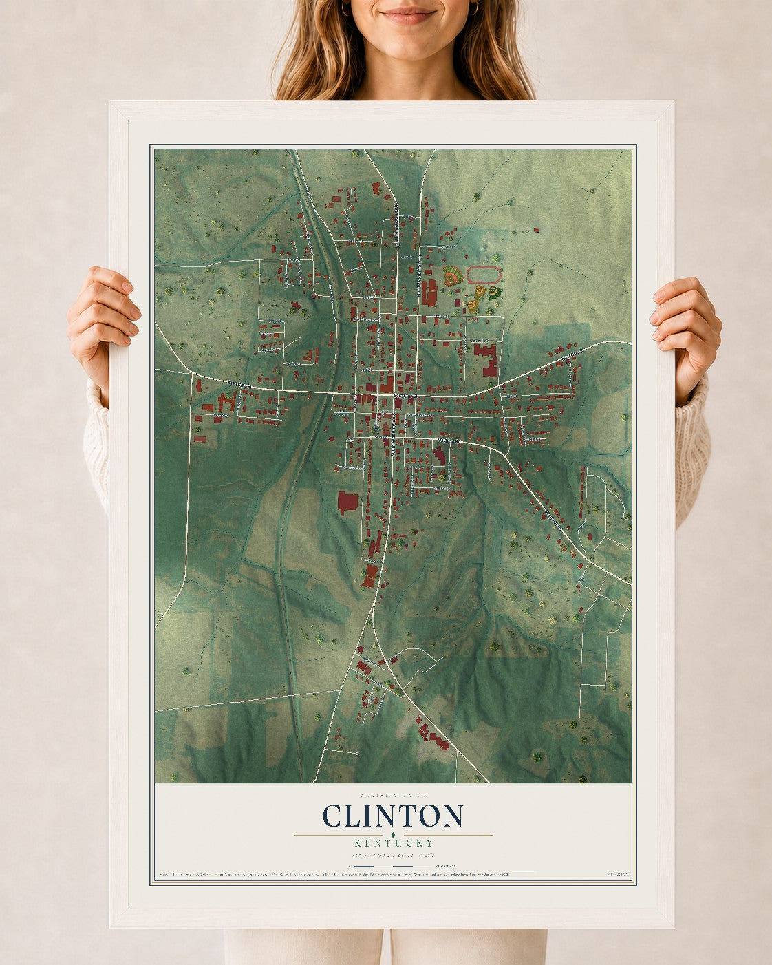 Map of Clinton, Kentucky, 24 x 36 inch print in a white wood frame