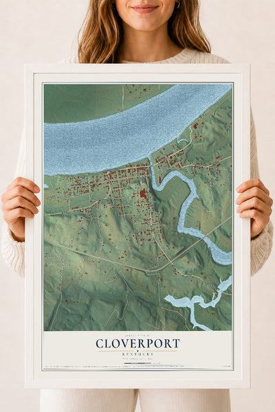 Map of Cloverport, Kentucky, 18 x 24 inch print in a white wood frame