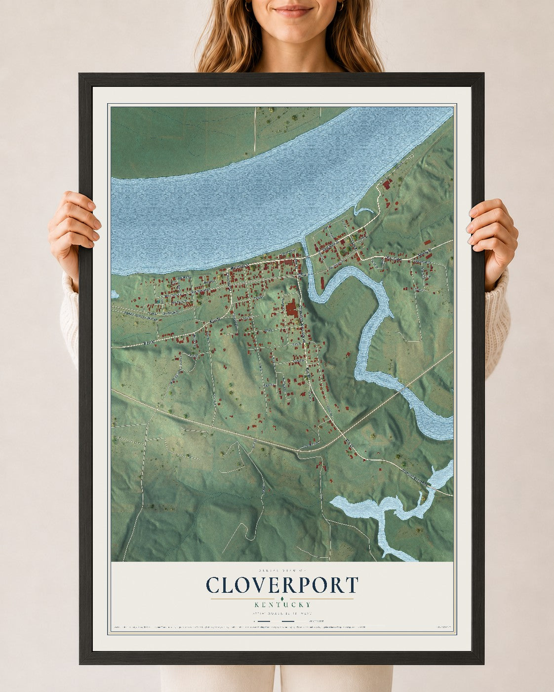Map of Cloverport, Kentucky, 24 x 36 inch print in a black wood frame