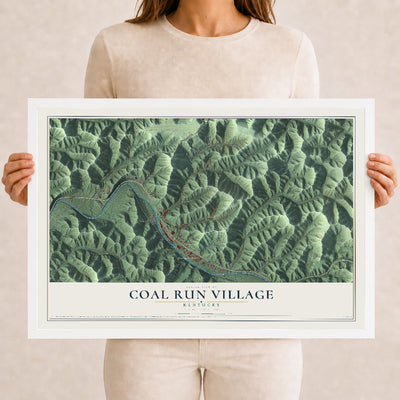 Map of Coal Run Village, Kentucky, 12 x 18 inch print in a white wood frame