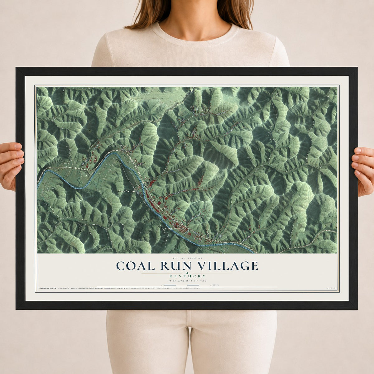Map of Coal Run Village, Kentucky, 18 x 24 inch print in a black wood frame