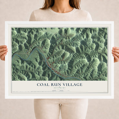 Map of Coal Run Village, Kentucky, 18 x 24 inch print in a white wood frame