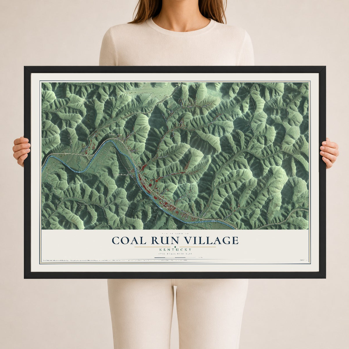 Map of Coal Run Village, Kentucky, 24 x 36 inch print in a black wood frame