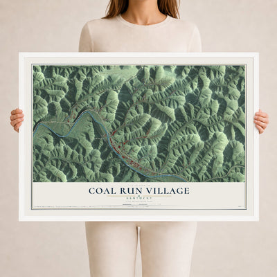 Map of Coal Run Village, Kentucky, 24 x 36 inch print in a white wood frame