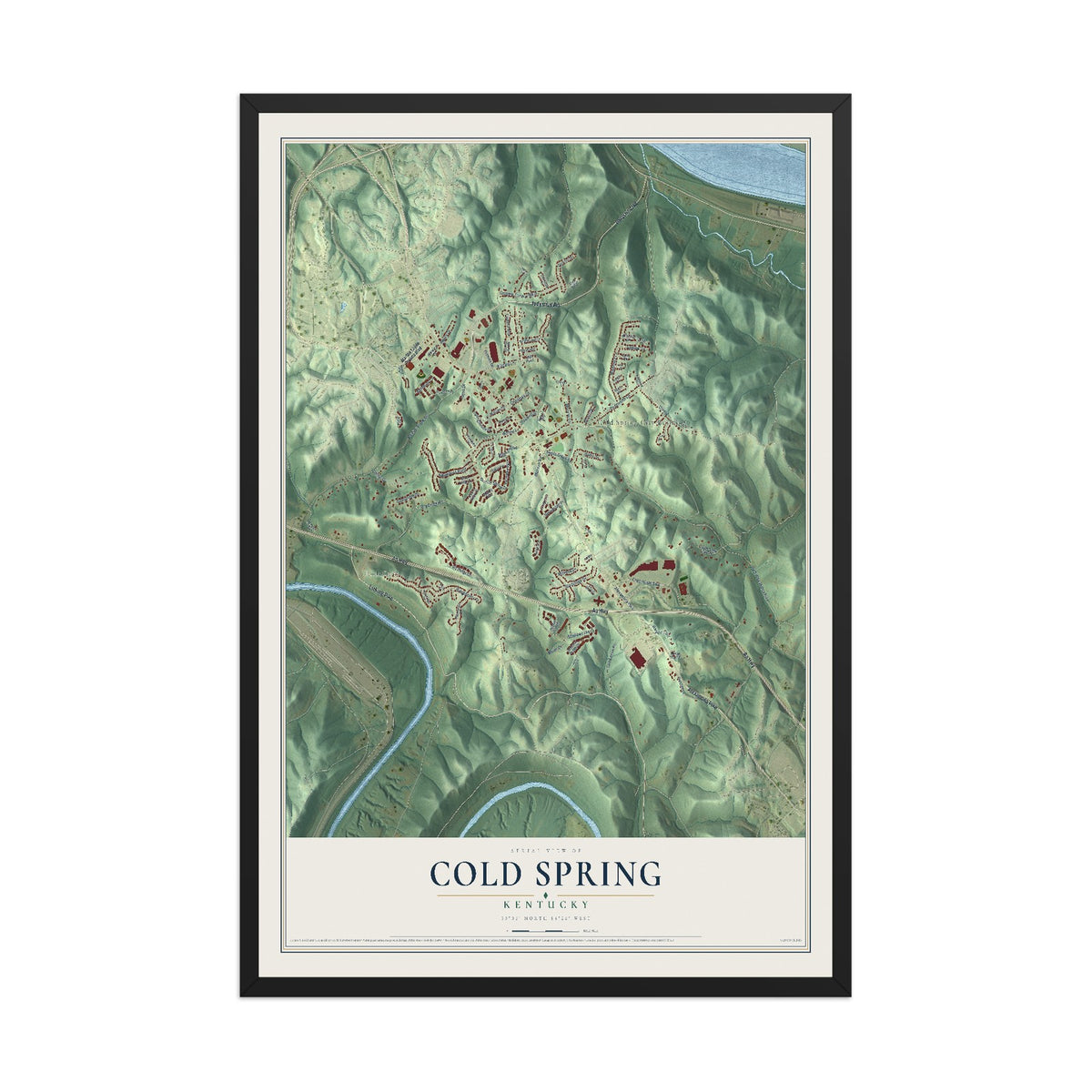 Map of Cold Spring, Kentucky, 12 x 18 inch print in a black wood frame
