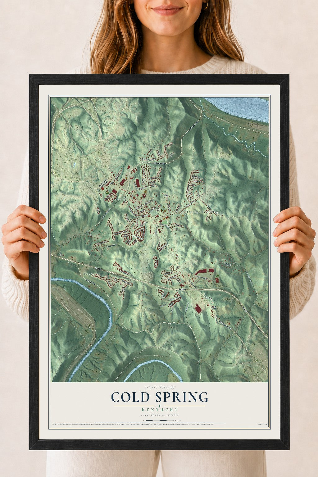 Map of Cold Spring, Kentucky, 18 x 24 inch print in a black wood frame
