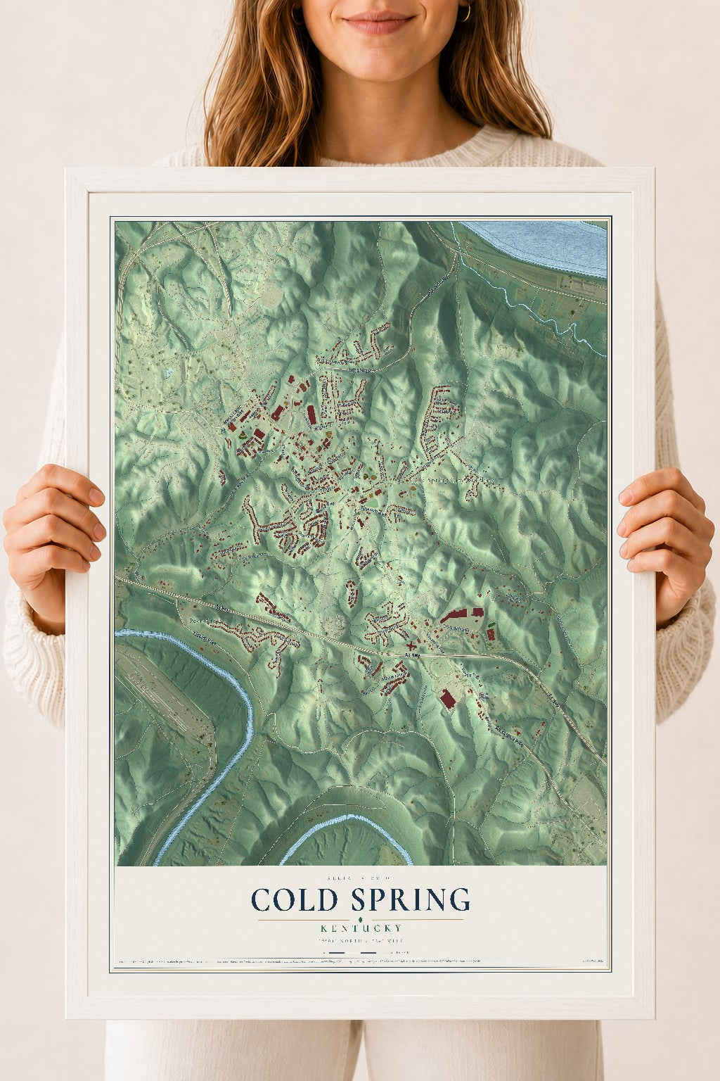 Map of Cold Spring, Kentucky, 18 x 24 inch print in a white wood frame
