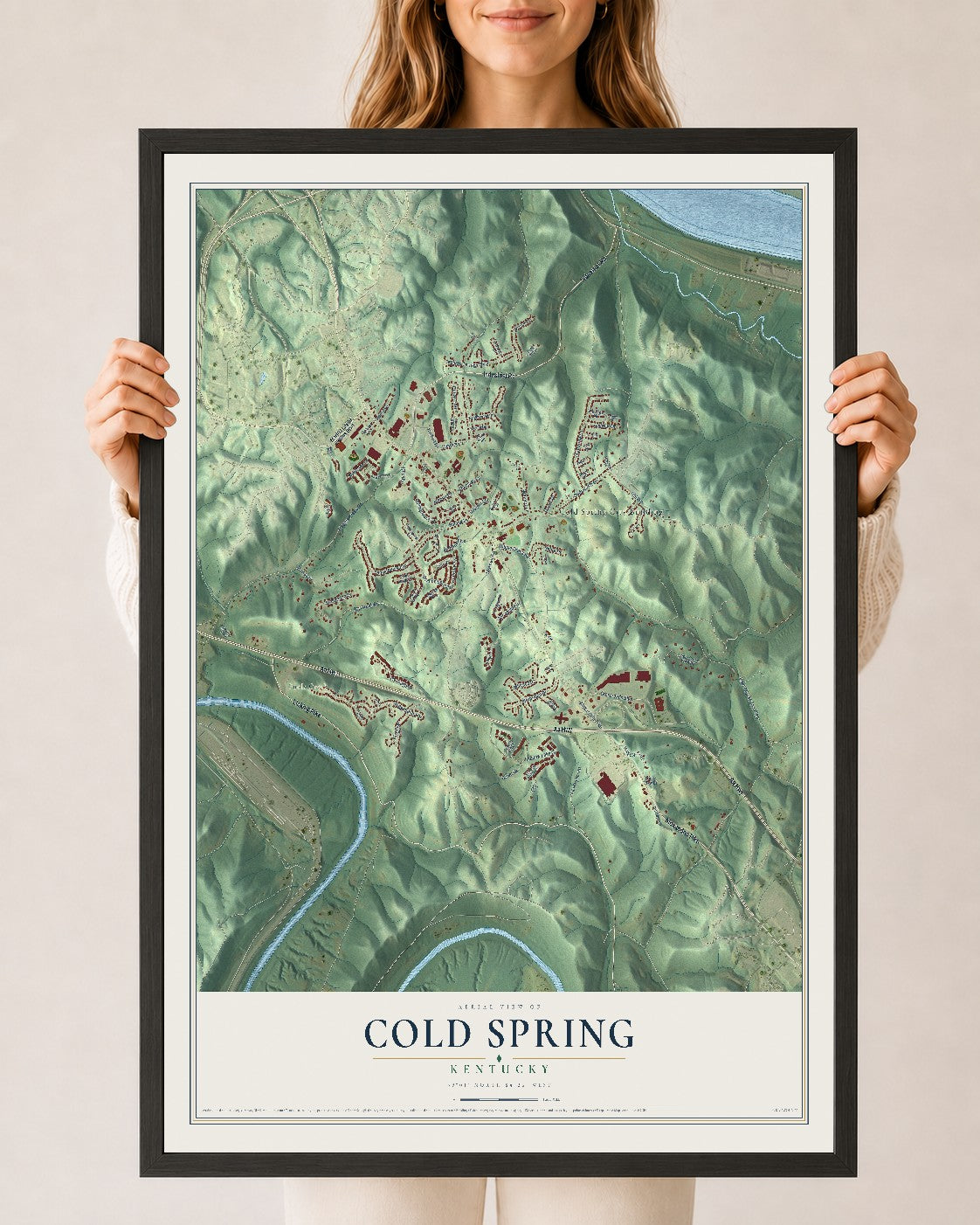 Map of Cold Spring, Kentucky, 24 x 36 inch print in a black wood frame
