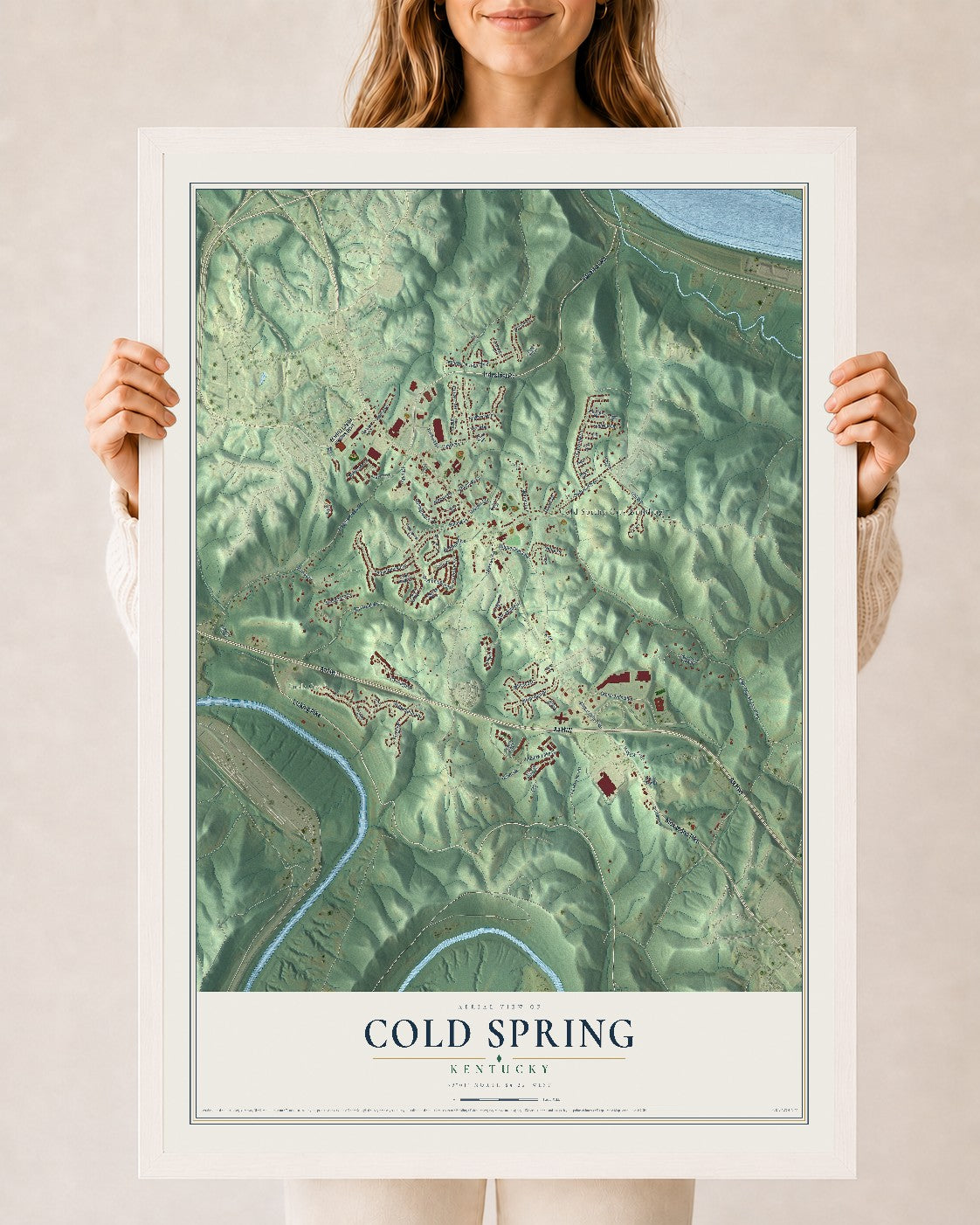 Map of Cold Spring, Kentucky, 24 x 36 inch print in a white wood frame